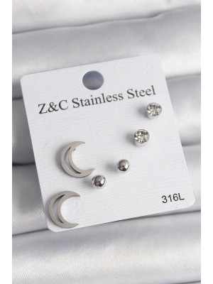 316L Çelik Gümüş Renk Zirkon Taşlı Hilal Model Kadın Küpe Seti