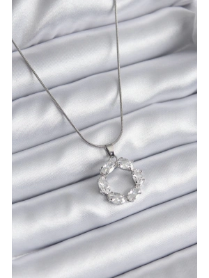 316L Çelik Gümüş Renk Zirkon Taşlı Kadın Kolye