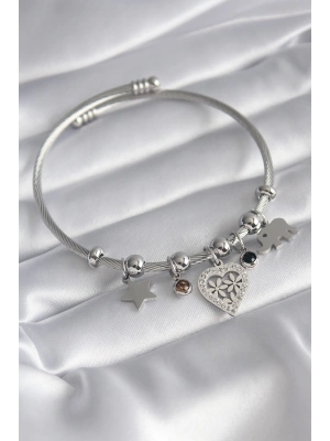 316L Çelik Gümüş Renk Zirkon Taşlı Kalp Figür Fil Detay Charm Model Kadın Bileklik