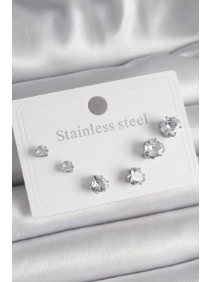 316L Çelik Gümüş Renk Zirkon Taşlı Kalp Model Kadın Küpe Seti