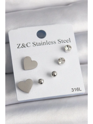 316L Çelik Gold Renk Zirkon Taşlı Kalpli Kadın Küpe Seti