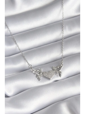 316L Çelik Gümüş Renk Zirkon Taşlı Kanat Kalp Model Kadın Kolye