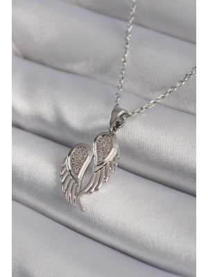 316L Çelik Gümüş Renk Zirkon Taşlı Kanat Model Kadın Kolye