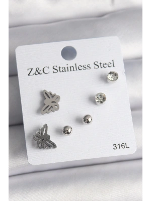 316L Çelik Gümüş Renk Zirkon Taşlı Kelebek Model Kadın Küpe Seti