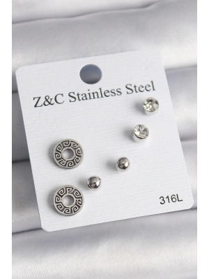 316L Çelik Gümüş Renk Zirkon Taşlı Labirent Model Kadın Küpe Seti