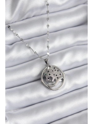 316L Çelik Gümüş Renk Zirkon Taşlı Jaguar Model Kadın Kolye