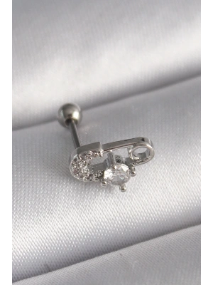 316L Çelik Gümüş Renk Zirkon Taşlı Toplu İğne Tragus Piercing
