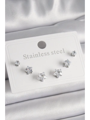 316L Çelik Gümüş Renk Zirkon Taşlı Yıldız Model Kadın Küpe Seti