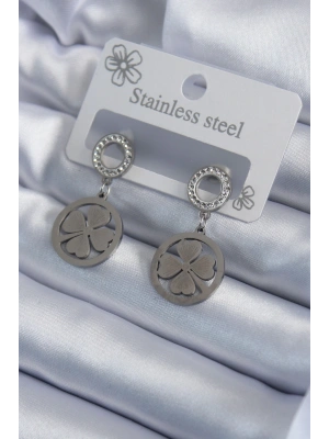 316L Çelik Gümüş Renk Zirkon Taşlı Yonca Model İşleme Detay Kadın Küpe