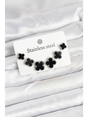 316L Çelik Gümüş Siyah Renk 3 Boy Yonca Küpe Seti