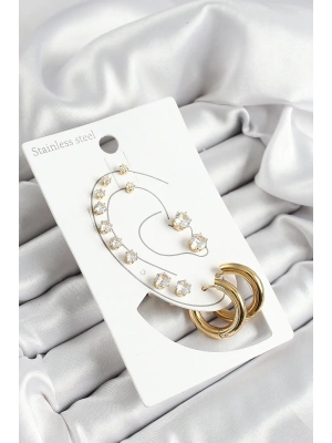 316L Çelik Halka Figürlü Ve Zirkon Taşlı Gold Renk 7li Çift Kadın Küpe Set