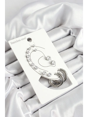 316L Çelik Halka Figürlü Ve Zirkon Taşlı Gümüş Renk 7li Çift Kadın Küpe Set