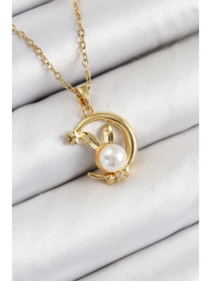 316L Çelik İnci Detaylı Hilal Tavşan Model Gold Renk Kadın Kolye