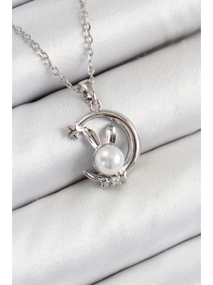 316L Çelik İnci Detaylı Hilal Tavşan Model Gümüş Renk Kadın Kolye