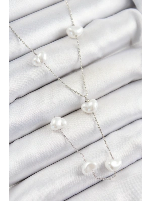 Pirinç İncili Kalp Figürlü Y Model Gümüş Renk Kadın Kolye