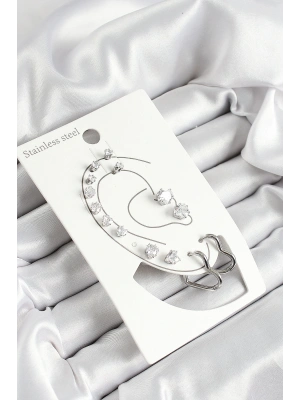 316L Çelik Kalp Figürlü Ve Zirkon Taşlı Gümüş Renk 7li Çift Kadın Küpe Set