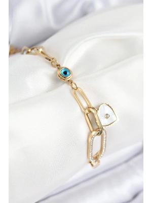 316L Çelik Nazar Boncuğu Ve Zirkon Taşlı Kalp Model Gold Renk Kadın Bileklik