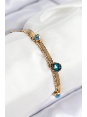 316L Çelik Nazar Boncuk Detaylı Mavi Zirkon Taşlı Model İtalyan Zincir Gold Renk Kadın Bileklik