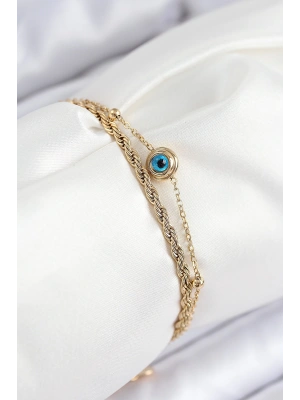 316L Çelik Nazar Boncuk Model Burgu Zincir Gold Renk Kadın Bileklik