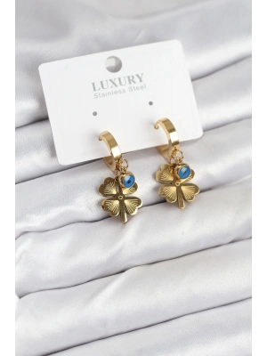 316L Çelik Nazarlı Yonca Model Kadın Küpe