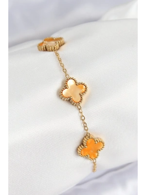 316L Çelik Sedefli Turuncu Gold Renk Yonca Kadın Bileklik