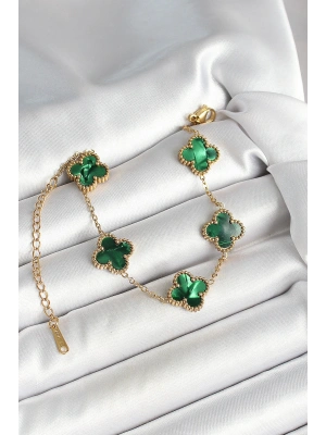 316L Çelik Sedefli Zümrüt Yeşil Gold Renk Yonca Kadın Bileklik