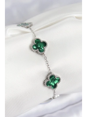 316L Çelik Sedefli Zümrüt Yeşil Gümüş Renk Yonca Kadın Bileklik