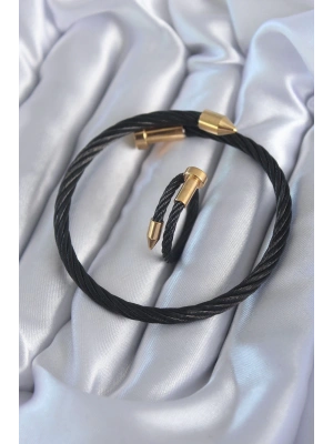 316L Çelik Siyah Renk Gold Detay Sarmal Model Erkek Bileklik Yüzük Kombini