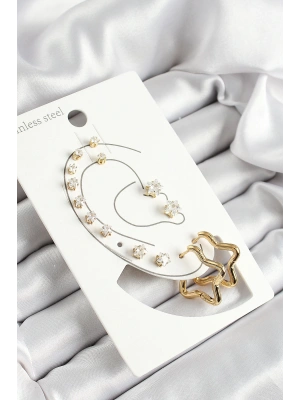 316L Çelik Yıldız Figürlü Ve Zirkon Taşlı Gold Renk 7li Çift Kadın Küpe Set