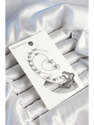 316L Çelik Yıldız Figürlü Ve Zirkon Taşlı Gümüş Renk 7li Çift Kadın Küpe Set