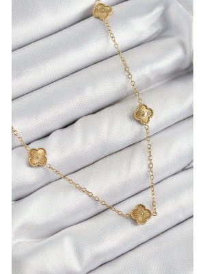 316L Çelik Yonca Model Gold Renk Kadın Kolye