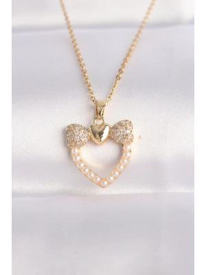 316L Çelik Zincir Altın Renk İnci Taş Detay Zirkon Taşlı Kalp Kolye
