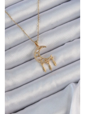 316L Çelik Zincir Altın Renk İşlemeli Zirkon Taşlı Ay Kolye