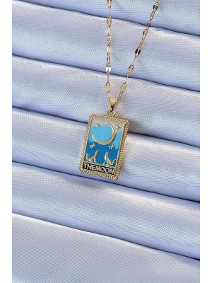 316L Çelik Zincir Altın Renk Mavi Mineli Ay Figür Tarot Kolye