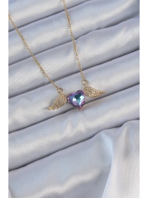 316L Çelik Zincir Altın Renk Mavi Mor Zirkon Taşlı Kanatlı Kalp Kolye