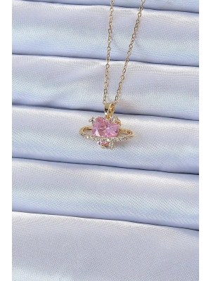 316L Çelik Zincir Altın Renk Pembe Zirkon Taşlı Satürn Görünümlü Kalp Kolye