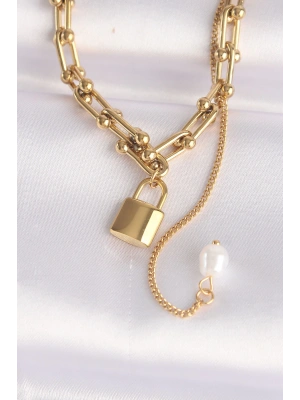 316L Çelik Zincir Altın Renk Zincirli Love Yazılı Kilit Kolye