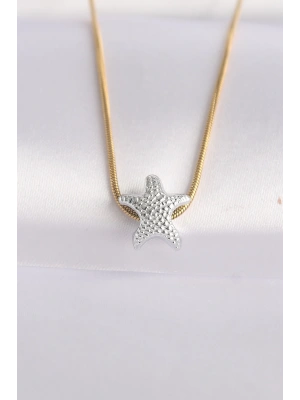 316L Çelik Zincir Altın Renk Zincirli Gümüş Renk Deniz Yıldızı Tasarımlı Kolye