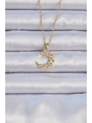 316L Çelik Zincir Altın Renk Zirkon Taşlı Ay Kolye