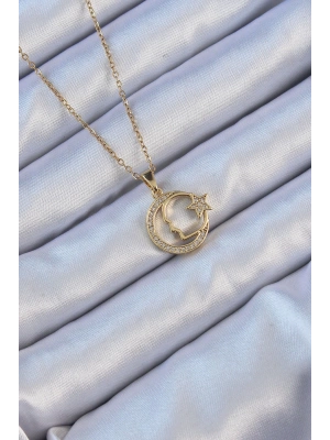 316L Çelik Zincir Altın Renk Zirkon Taşlı Ay Yıldız Simgeli Atatürk Kolye