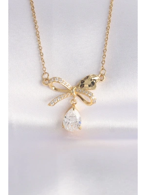 316L Çelik Zincir Altın Renk Zirkon Taşlı Damla Detay Fiyonk Kolye