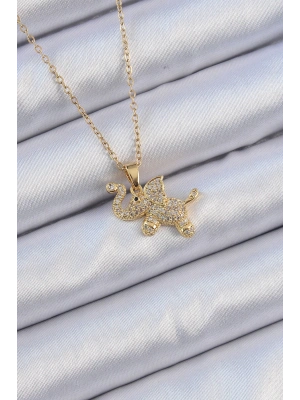 316L Çelik Zincir Altın Renk Zirkon Taşlı Fil Kolye