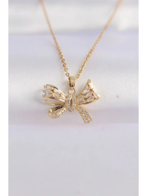 316L Çelik Zincir Altın Renk Zirkon Taşlı Fiyonk Kolye