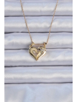 316L Çelik Zincir Altın Renk Zirkon Taşlı Mıknatıslı Kalp Kolye