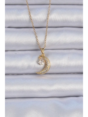 316L Çelik Zincir Altın Renk Zirkon Taşlı Sallantılı Ay Yıldız Kolye