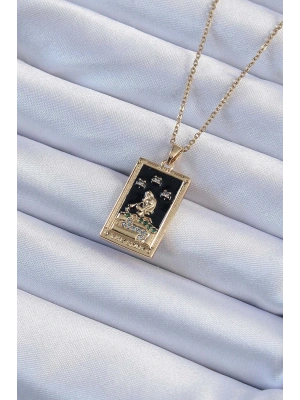 316L Çelik Zincir Altın Renk Zirkon Taşlı Siyah Mineli Kız Figürlü Tarot Kolye