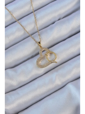 316L Çelik Zincir Altın Renk Zirkon Taşlı Yüzüklü Kalp Kolye