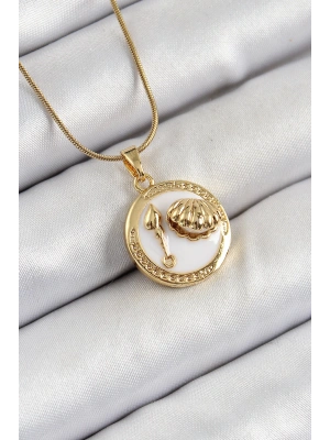 316L Çelik Zincir Beyaz Mineli Sanatsal Portre İstiridye Model Gold Renk Kadın Kolye