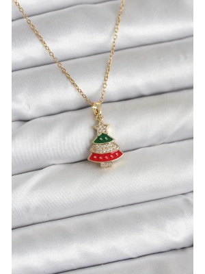 316L Çelik Zincir Gold Ren Çam Ağacı Model Zirkon Taşlı Yılbaşı Temalı Kadın Kolye