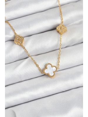 316L Çelik Zincir Gold Renk Beyaz ve Zirkon Taşlı Yonca Kadın Kolye